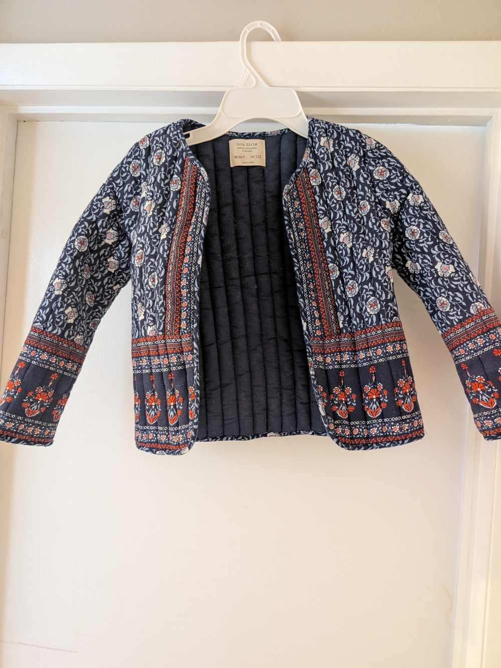 Zara Navy Quilted Floral Border Jacket with Orange Accents